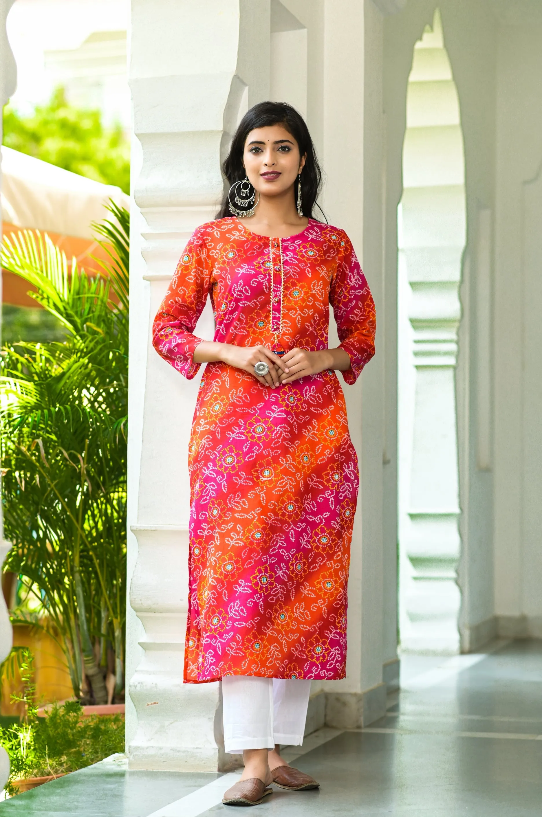 Women Pink Bandhani Printed Kurta