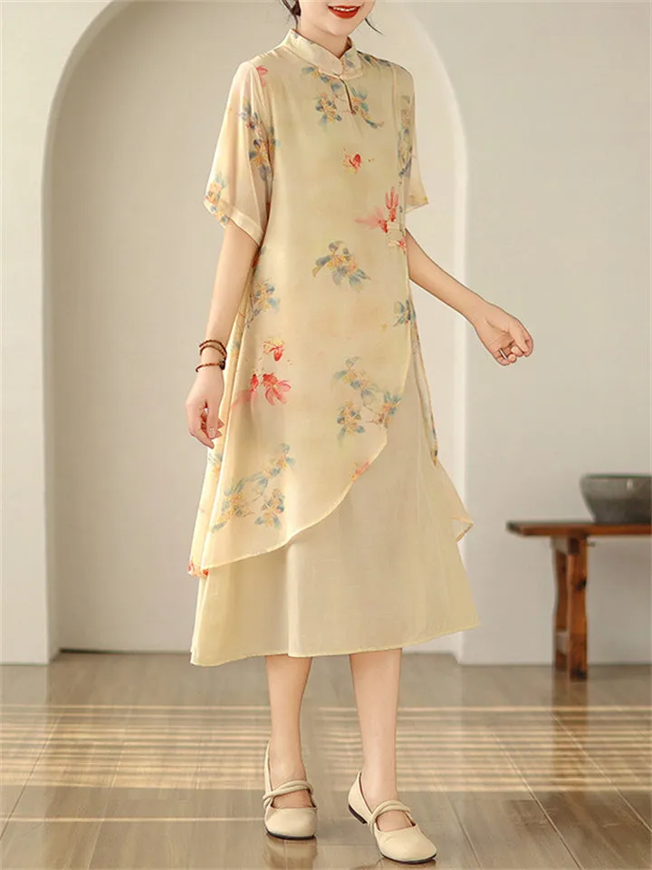 Women's Elegant Flower Printed Flowy Cheongsam Dress