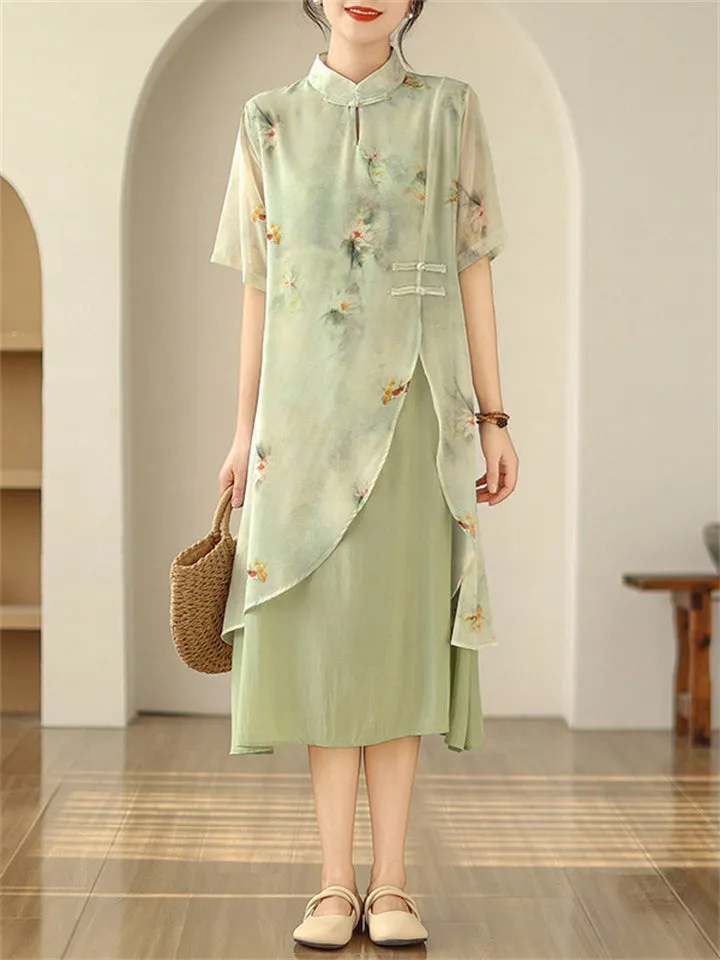 Women's Elegant Flower Printed Flowy Cheongsam Dress