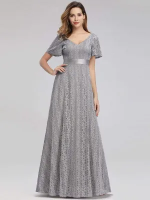 Women's V-Neck Floral Lace Wedding Bridesmaid Dress with Short Sleeve