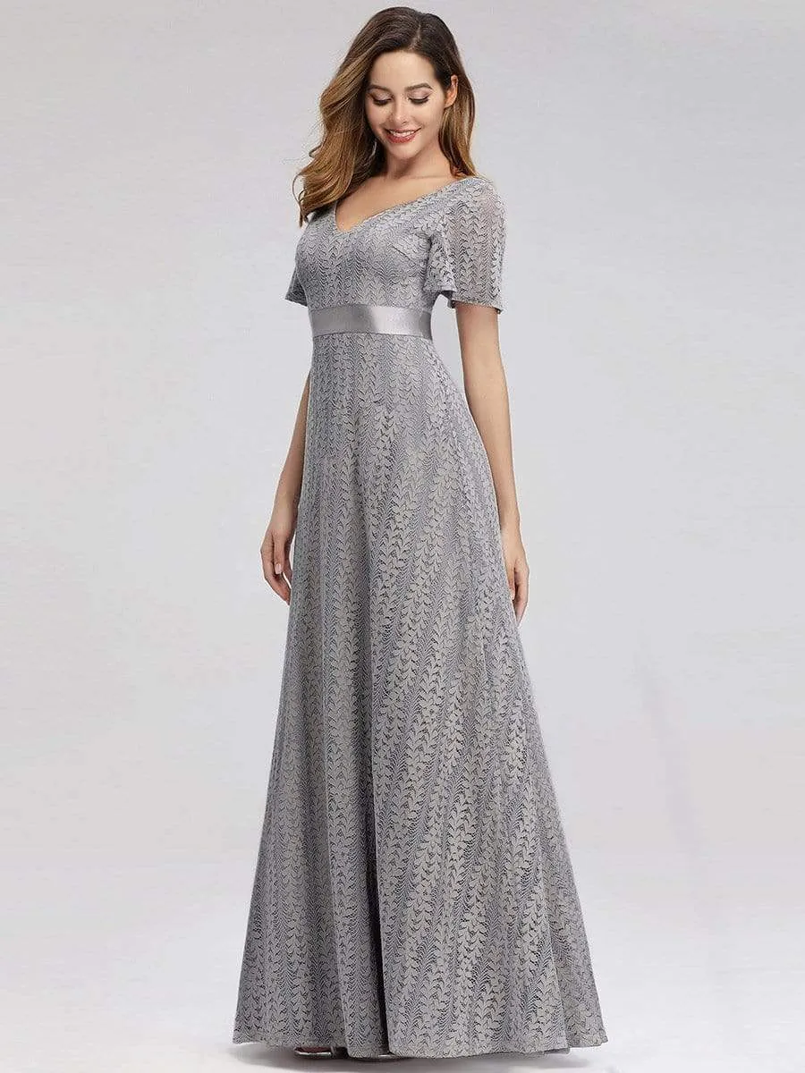 Women's V-Neck Floral Lace Wedding Bridesmaid Dress with Short Sleeve