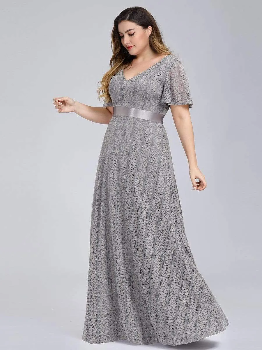 Women's V-Neck Floral Lace Wedding Bridesmaid Dress with Short Sleeve