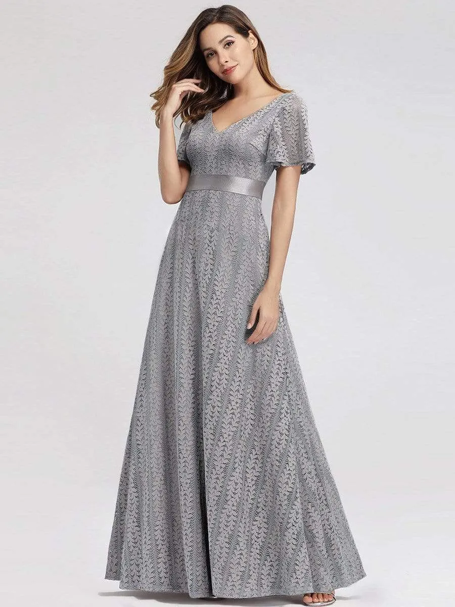 Women's V-Neck Floral Lace Wedding Bridesmaid Dress with Short Sleeve