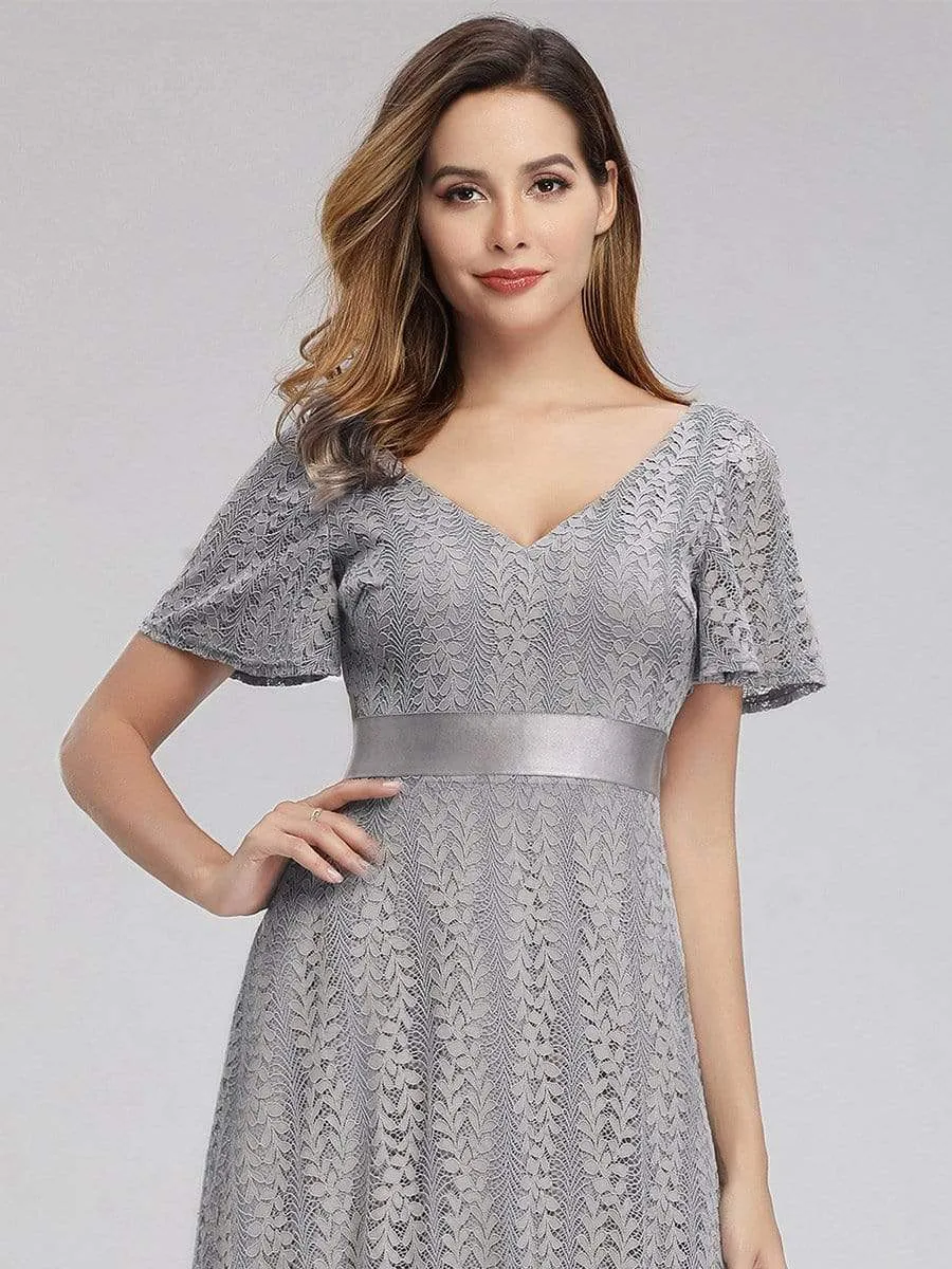 Women's V-Neck Floral Lace Wedding Bridesmaid Dress with Short Sleeve