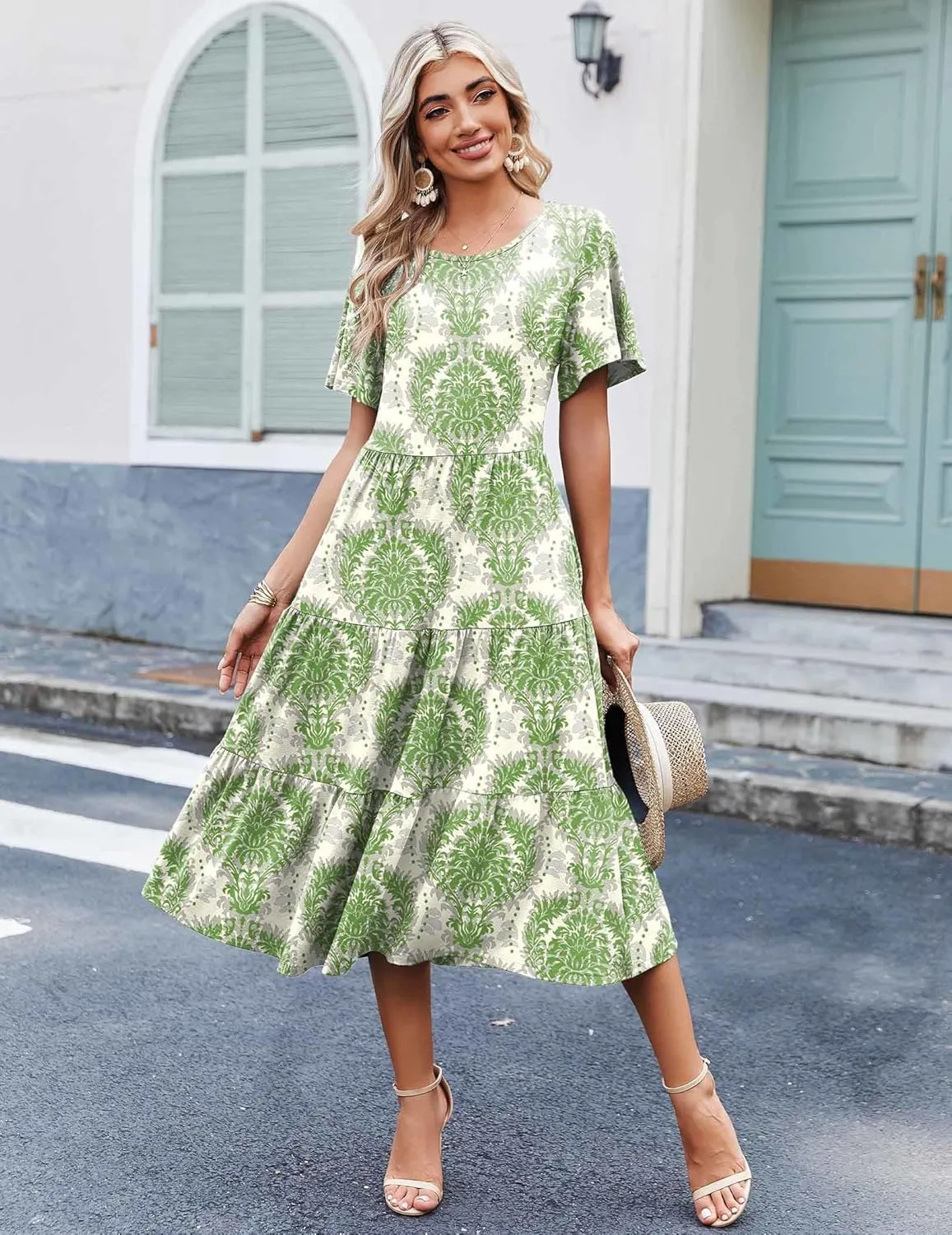 Zeagoo Midi Floral Flutter Short Sleeve Casual Dresses with Pockets