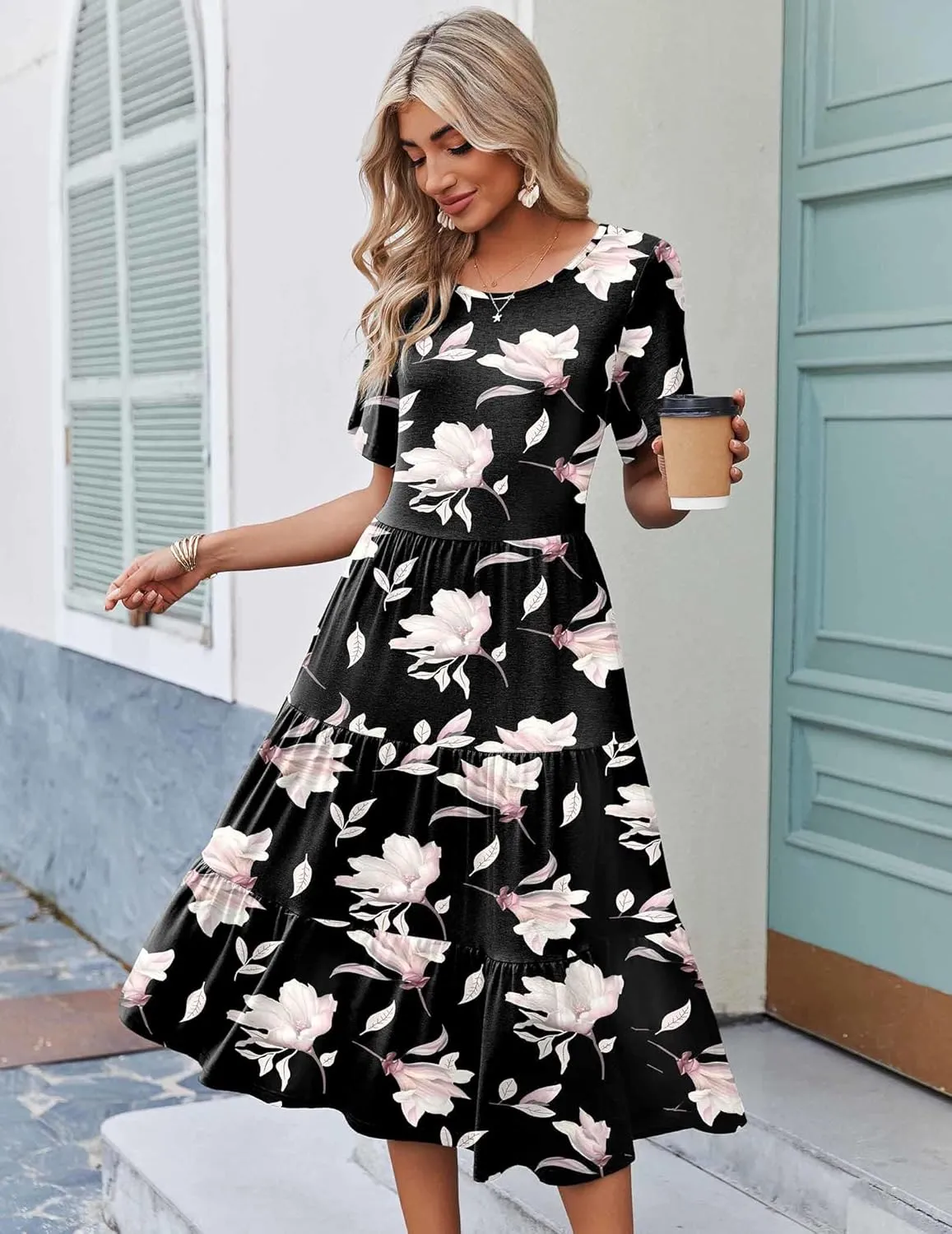 Zeagoo Midi Floral Flutter Short Sleeve Casual Dresses with Pockets