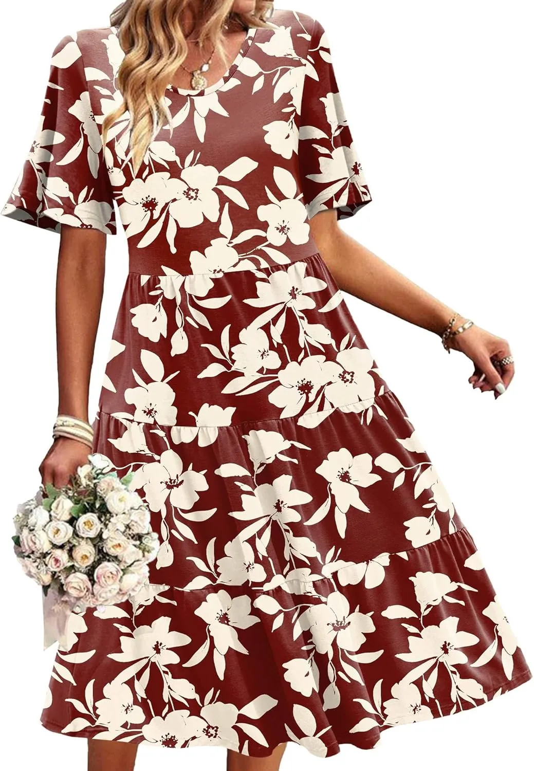 Zeagoo Midi Floral Flutter Short Sleeve Casual Dresses with Pockets