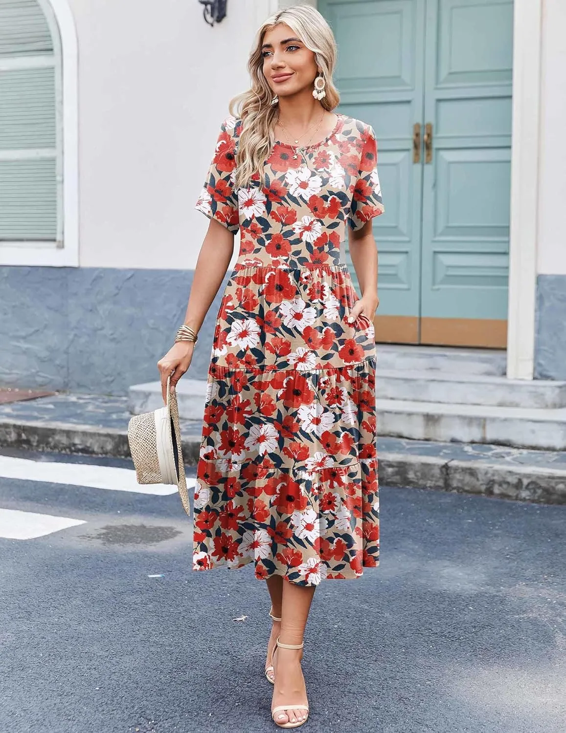 Zeagoo Midi Floral Flutter Short Sleeve Casual Dresses with Pockets