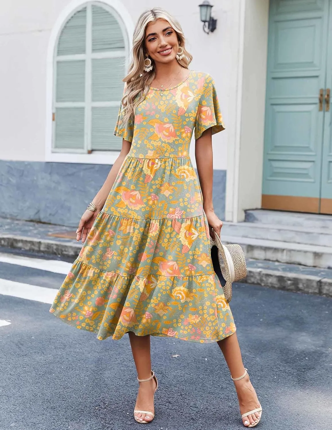 Zeagoo Midi Floral Flutter Short Sleeve Casual Dresses with Pockets