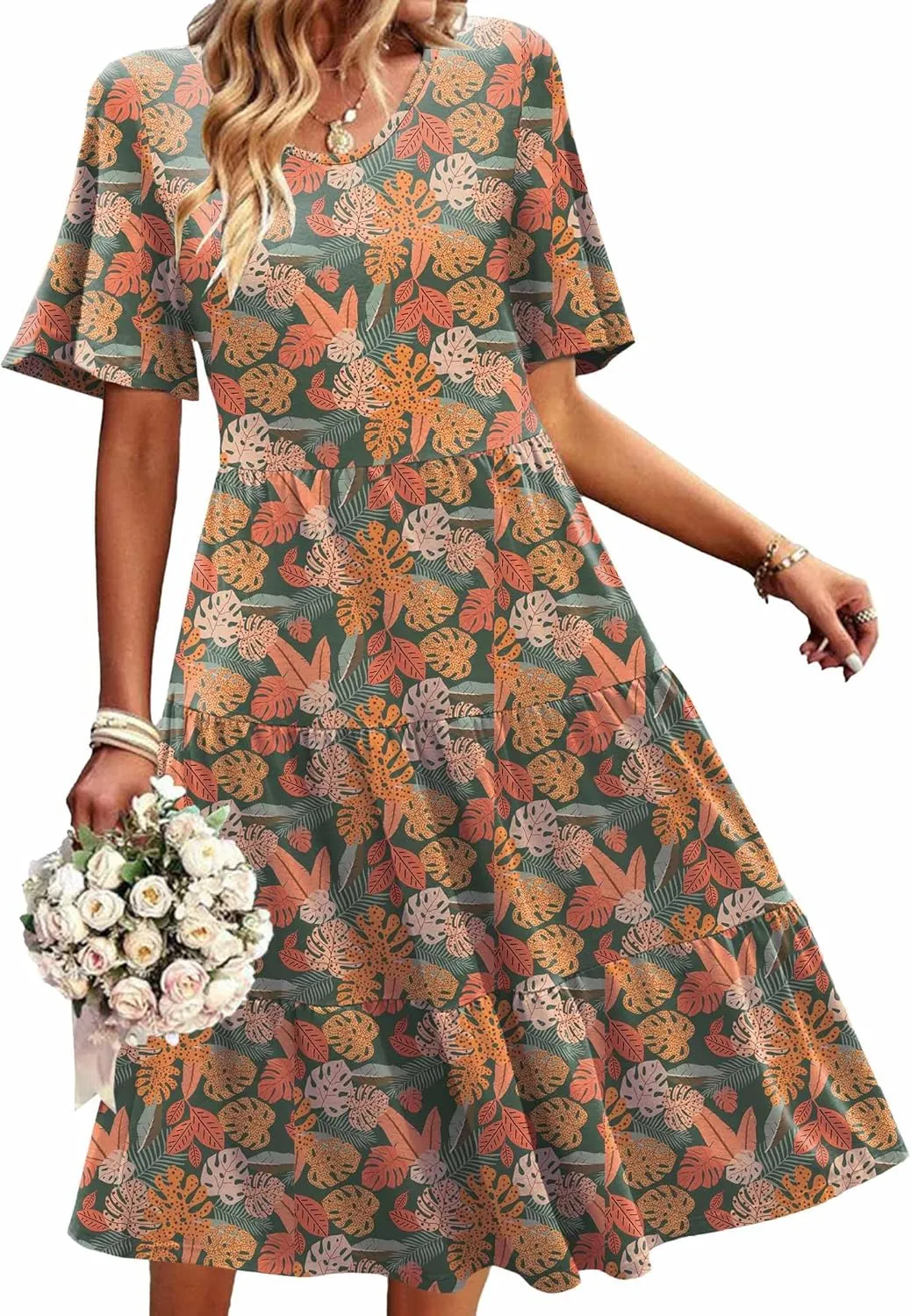 Zeagoo Midi Floral Flutter Short Sleeve Casual Dresses with Pockets