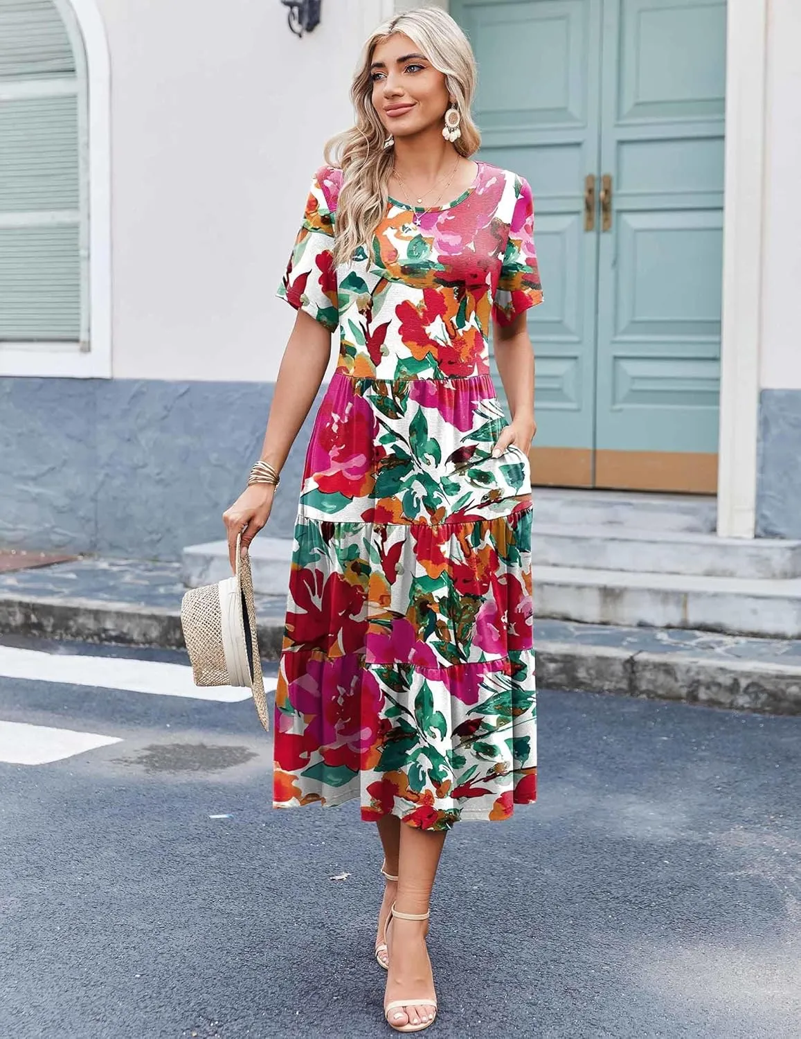 Zeagoo Midi Floral Flutter Short Sleeve Casual Dresses with Pockets