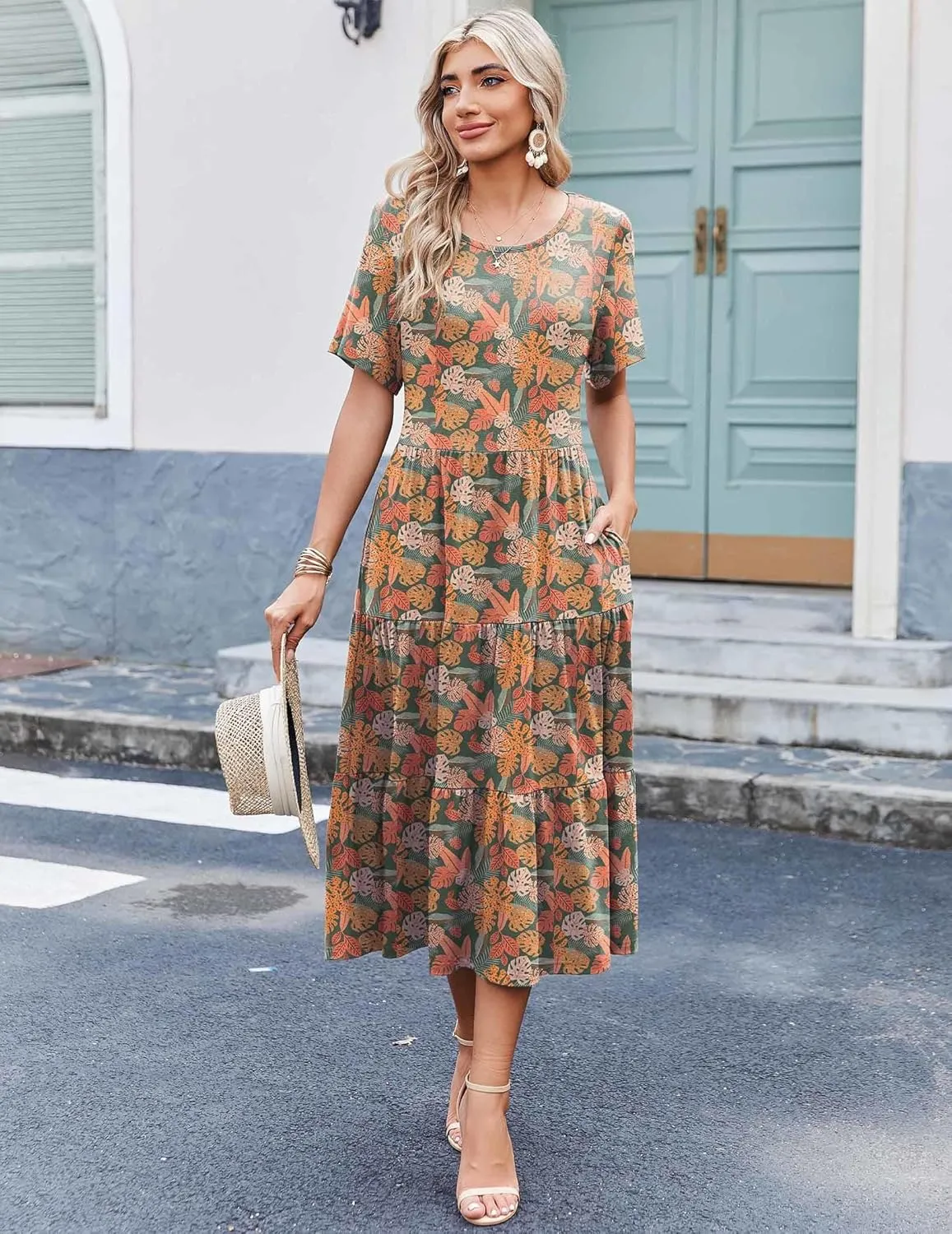 Zeagoo Midi Floral Flutter Short Sleeve Casual Dresses with Pockets