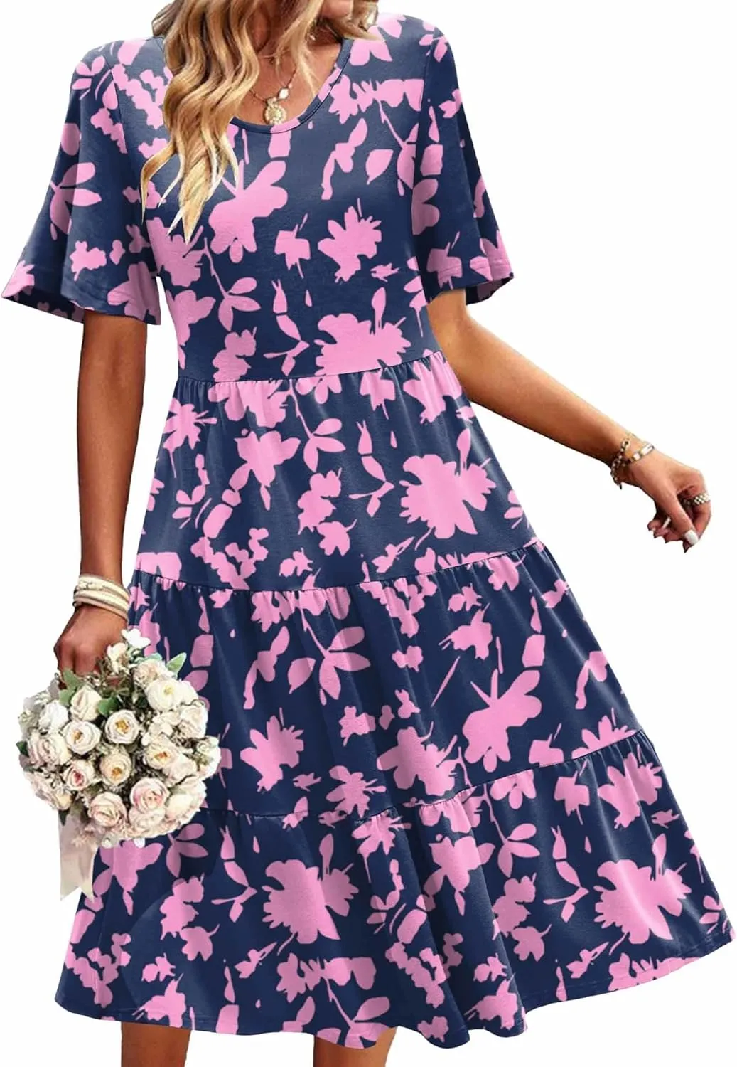 Zeagoo Midi Floral Flutter Short Sleeve Casual Dresses with Pockets