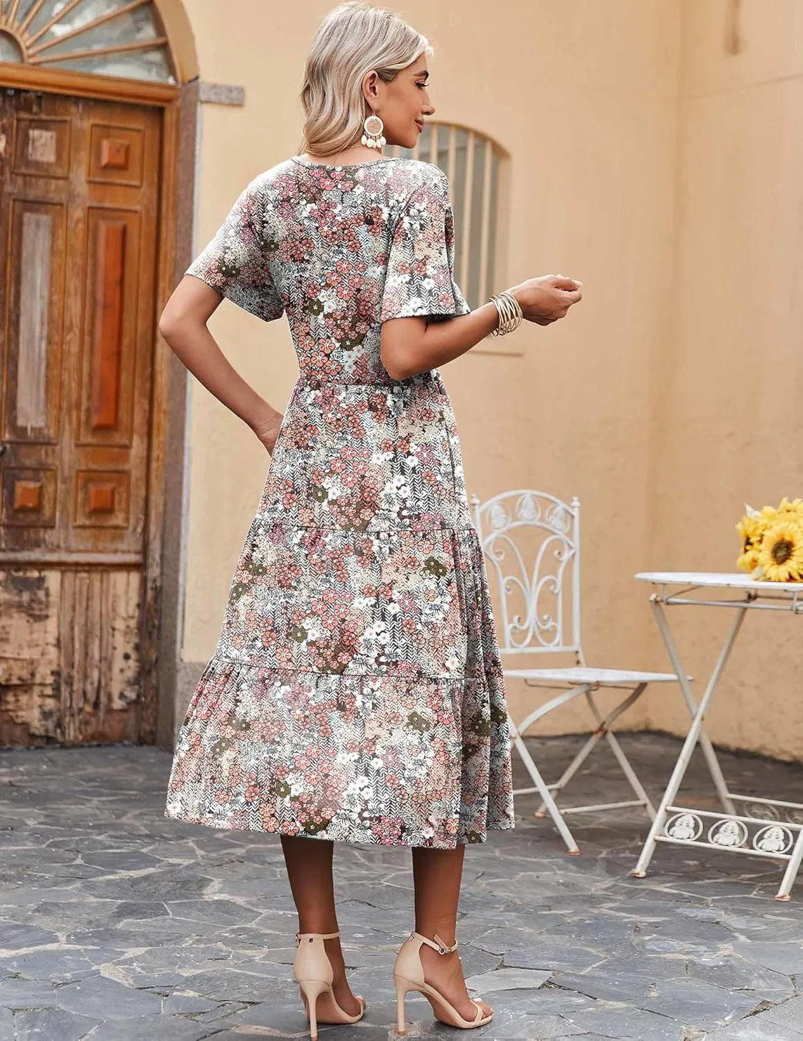 Zeagoo Midi Floral Flutter Short Sleeve Casual Dresses with Pockets