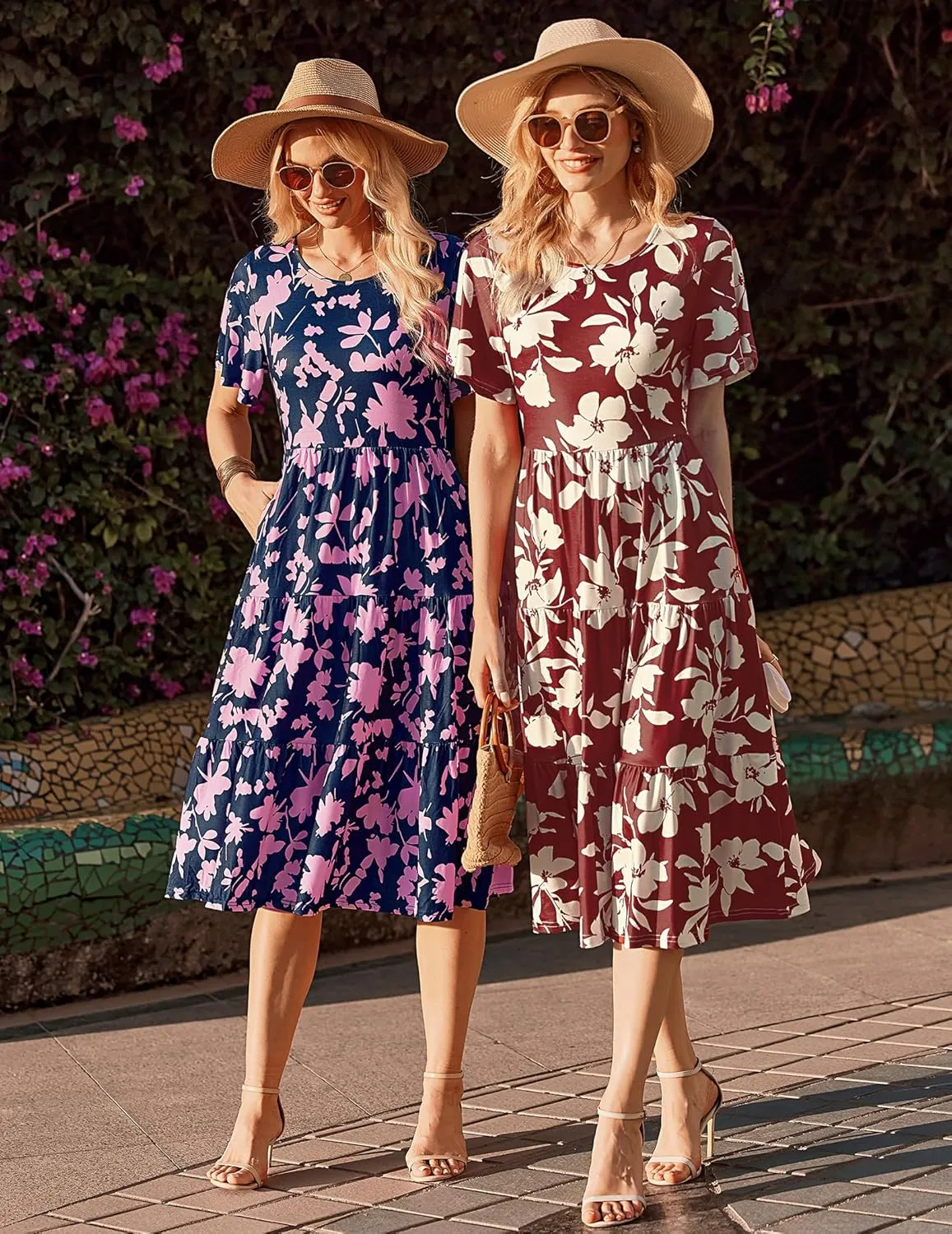 Zeagoo Midi Floral Flutter Short Sleeve Casual Dresses with Pockets