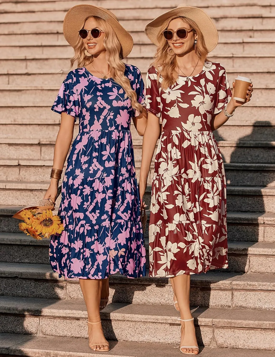 Zeagoo Midi Floral Flutter Short Sleeve Casual Dresses with Pockets