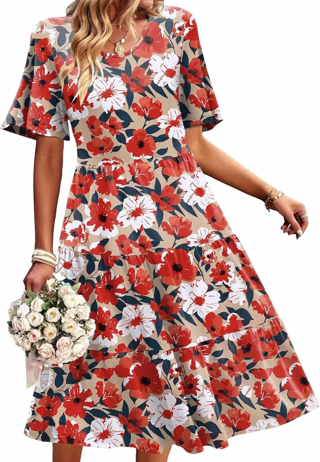 Zeagoo Midi Floral Flutter Short Sleeve Casual Dresses with Pockets