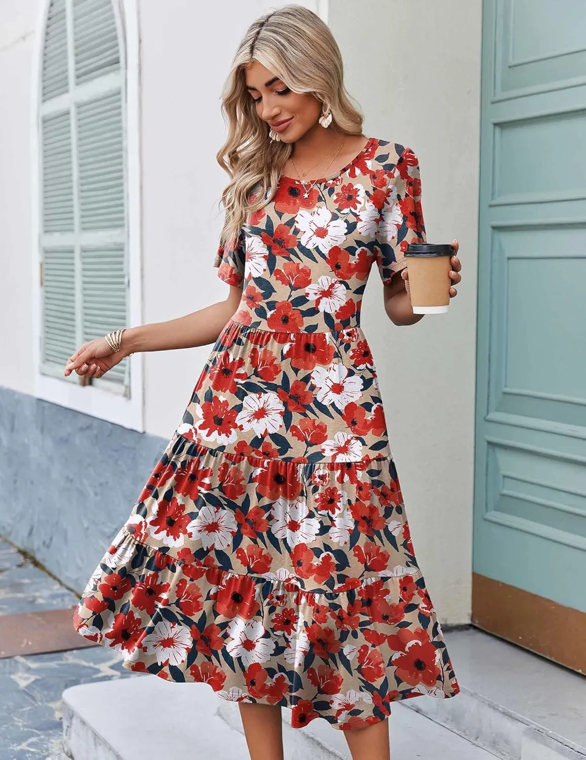 Zeagoo Midi Floral Flutter Short Sleeve Casual Dresses with Pockets